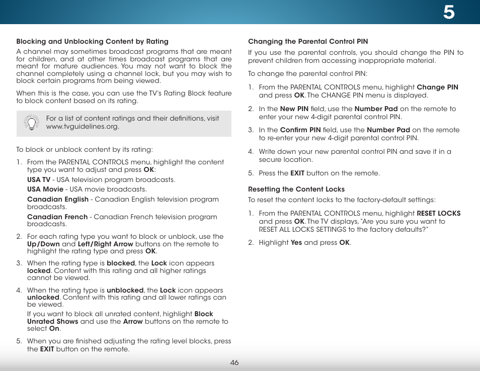 Blocking and unblocking content by rating, Changing the parental control pin, Resetting the content locks | Vizio M422i-B1 - User Manual User Manual | Page 52 / 76