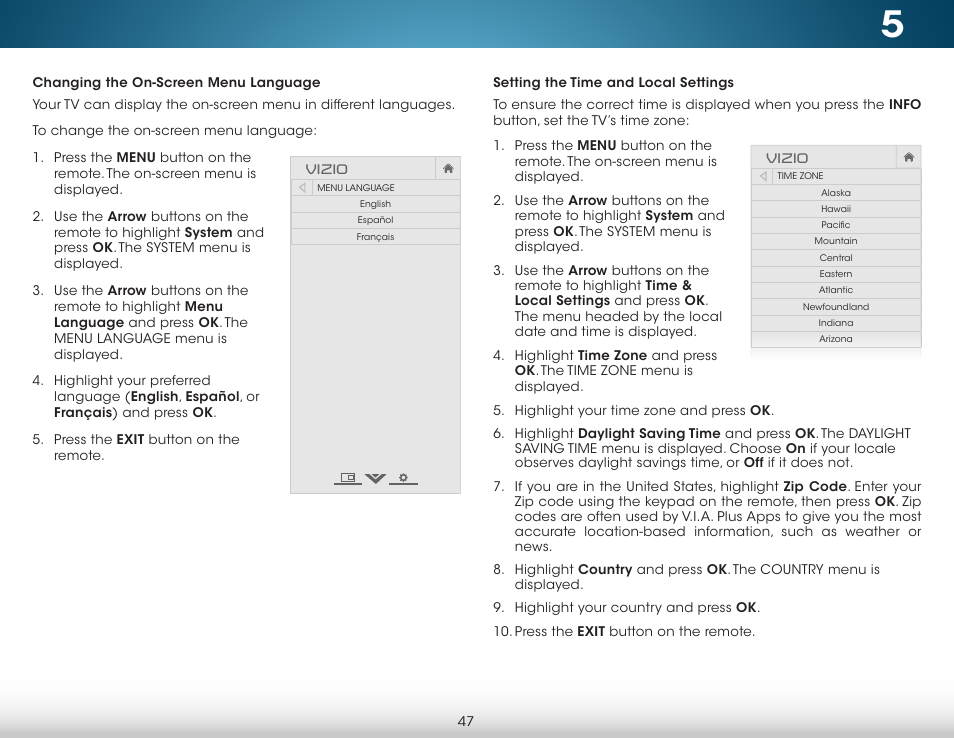 Changing the on-screen menu language, Setting the time and local settings | Vizio M422i-B1 - User Manual User Manual | Page 53 / 76