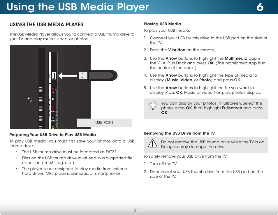 Using the usb media player, Preparing your usb drive to play usb media, Playing usb media | Removing the usb drive from the tv | Vizio M422i-B1 - User Manual User Manual | Page 57 / 76