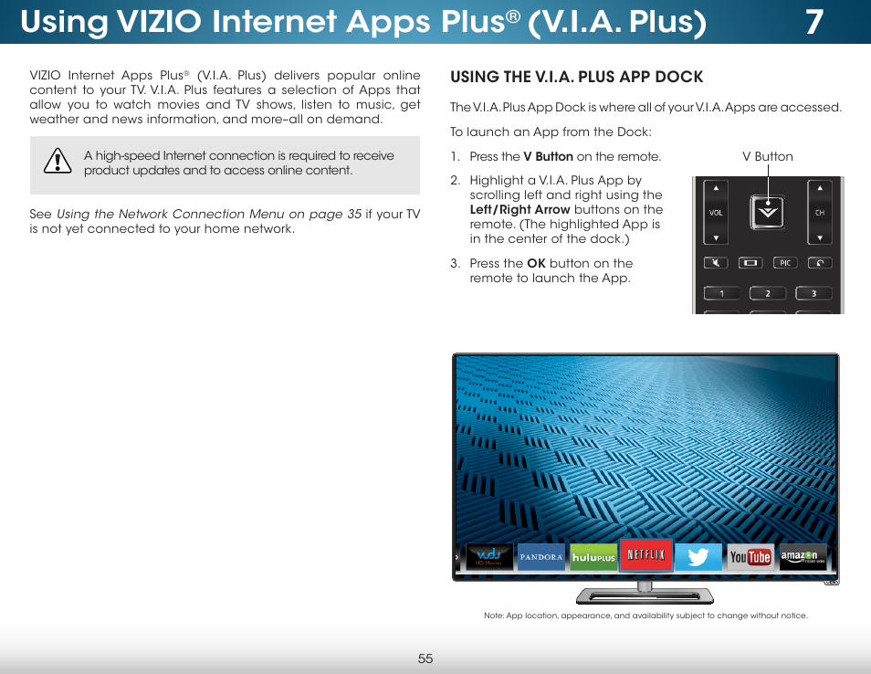 Using vizio internet apps plus® (v.i.a. plus), Using the v.i.a. plus app dock, Using vizio internet apps plus | V.i.a. plus) | Vizio M422i-B1 - User Manual User Manual | Page 61 / 76