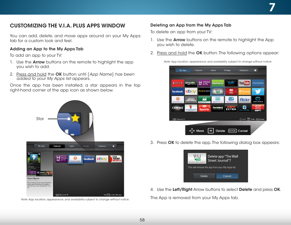 Customizing the v.i.a. plus apps window, Adding an app to the my apps tab, Deleting an app from the my apps tab | Vizio M422i-B1 - User Manual User Manual | Page 64 / 76