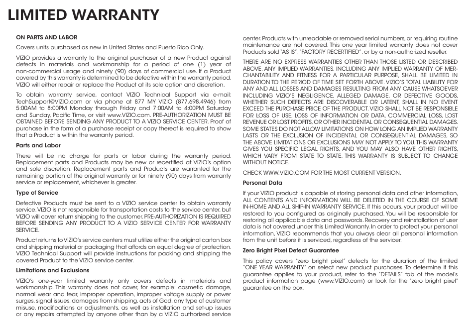 Limited warranty | Vizio M422i-B1 - Quickstart Guide User Manual | Page 27 / 28