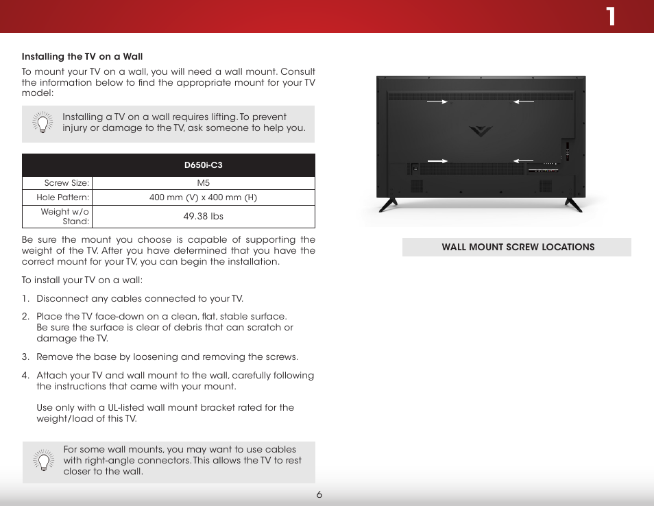 Installing the tv on a wall | Vizio D650i-C3 - User Manual User Manual | Page 12 / 76