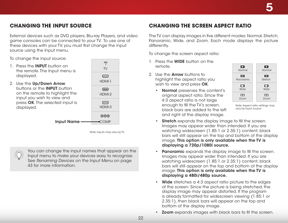 Changing the input source, Changing the screen aspect ratio | Vizio D650i-C3 - User Manual User Manual | Page 28 / 76