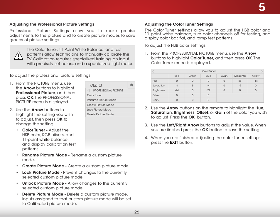 Adjusting the professional picture settings, Adjusting the color tuner settings, Vizio | Vizio D650i-C3 - User Manual User Manual | Page 32 / 76