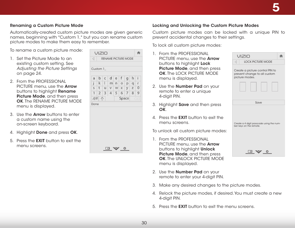Renaming a custom picture mode, Locking and unlocking the custom picture modes | Vizio D650i-C3 - User Manual User Manual | Page 36 / 76