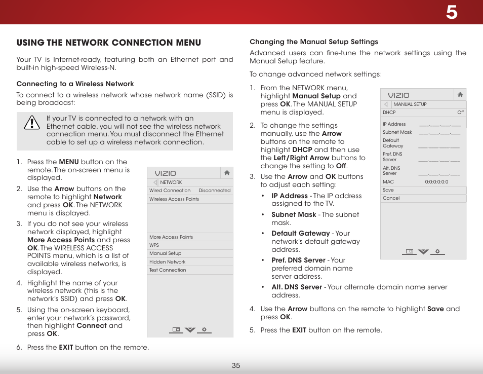 Using the network connection menu, Connecting to a wireless network, Changing the manual setup settings | Vizio D650i-C3 - User Manual User Manual | Page 41 / 76