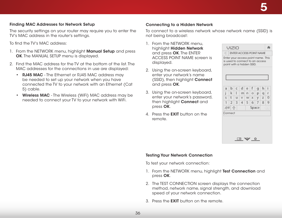 Finding mac addresses for network setup, Connecting to a hidden network | Vizio D650i-C3 - User Manual User Manual | Page 42 / 76
