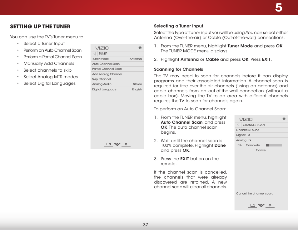 Setting up the tuner, Selecting a tuner input, Scanning for channels | Selecting a tuner input scanning for channels, Vizio | Vizio D650i-C3 - User Manual User Manual | Page 43 / 76