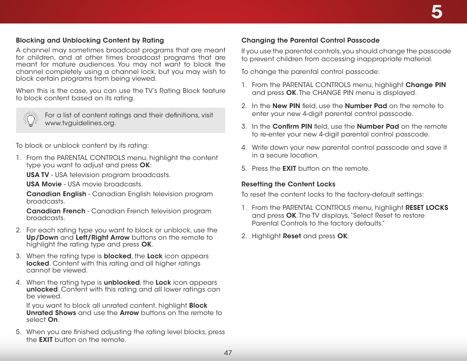 Blocking and unblocking content by rating, Changing the parental control passcode, Resetting the content locks | Vizio D650i-C3 - User Manual User Manual | Page 53 / 76