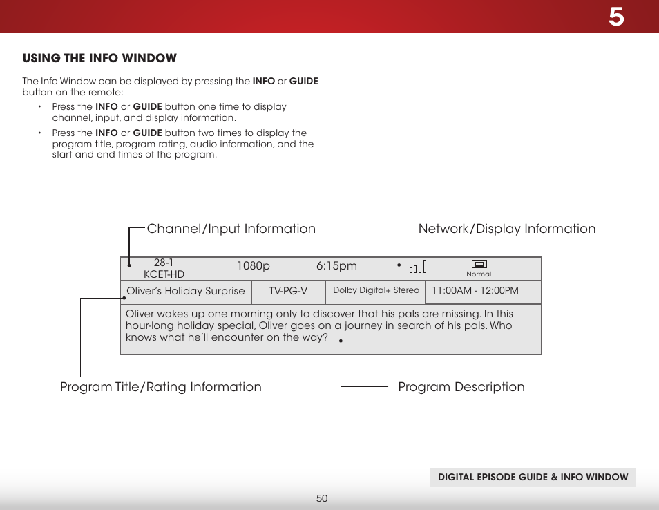 Using the info window | Vizio D650i-C3 - User Manual User Manual | Page 56 / 76