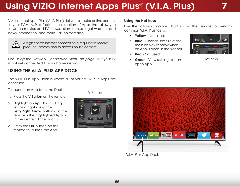 Using vizio internet apps plus® (v.i.a. plus), Using the v.i.a. plus app dock, Using the hot keys | Using vizio internet apps plus, V.i.a. plus) | Vizio D650i-C3 - User Manual User Manual | Page 61 / 76