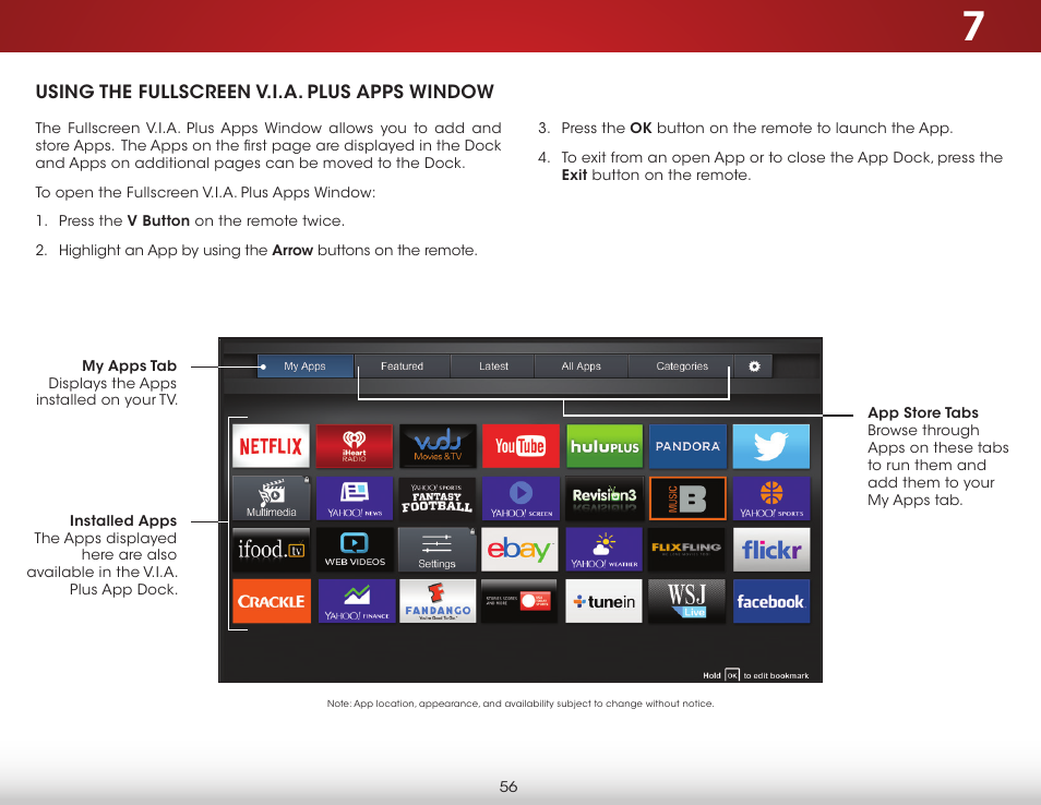 Using the fullscreen v.i.a. plus apps window | Vizio D650i-C3 - User Manual User Manual | Page 62 / 76