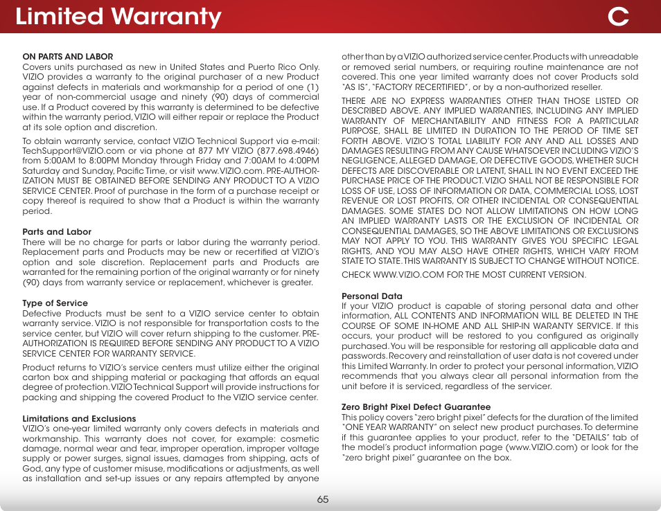 Limited warranty | Vizio D650i-C3 - User Manual User Manual | Page 71 / 76