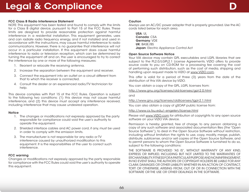 Legal & compliance | Vizio D650i-C3 - User Manual User Manual | Page 72 / 76