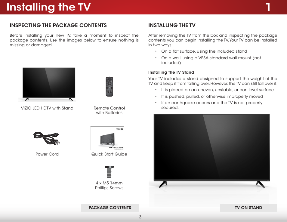 Installing the tv, Inspecting the package contents, Installing the tv stand | Inspecting the package contents installing the tv | Vizio D650i-C3 - User Manual User Manual | Page 9 / 76