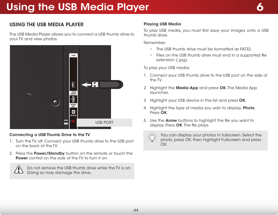 Using the usb media player, Connecting a usb thumb drive to the tv, Playing usb media | Vizio D390-B0 - User Manual User Manual | Page 50 / 59