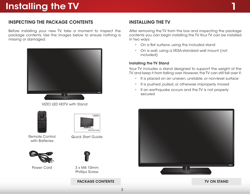 Installing the tv, Inspecting the package contents, Installing the tv stand | Inspecting the package contents installing the tv | Vizio D390-B0 - User Manual User Manual | Page 9 / 59