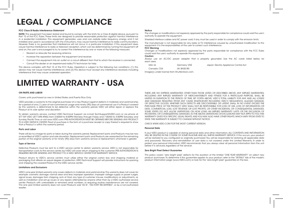 Legal / compliance, Limited warranty - usa | Vizio D390-B0 - Quickstart Guide User Manual | Page 17 / 20