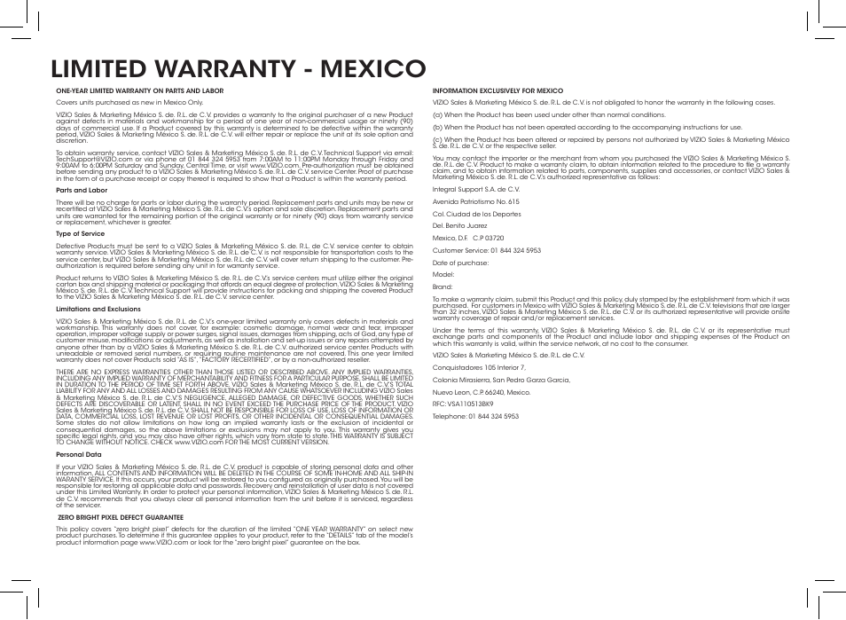 Limited warranty - mexico | Vizio D390-B0 - Quickstart Guide User Manual | Page 19 / 20