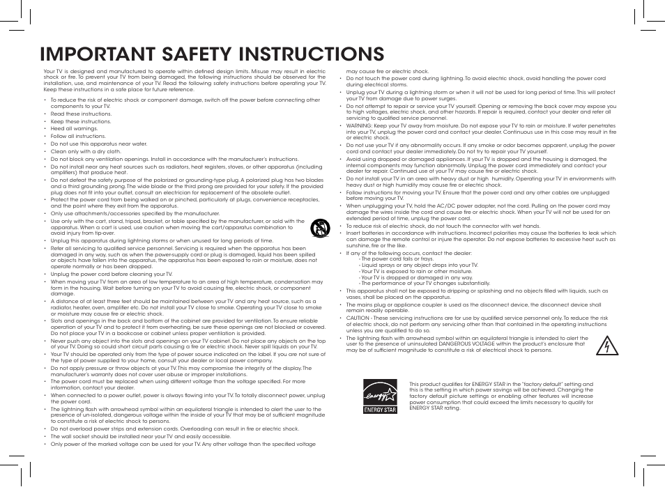 Important safety instructions | Vizio D390-B0 - Quickstart Guide User Manual | Page 2 / 20