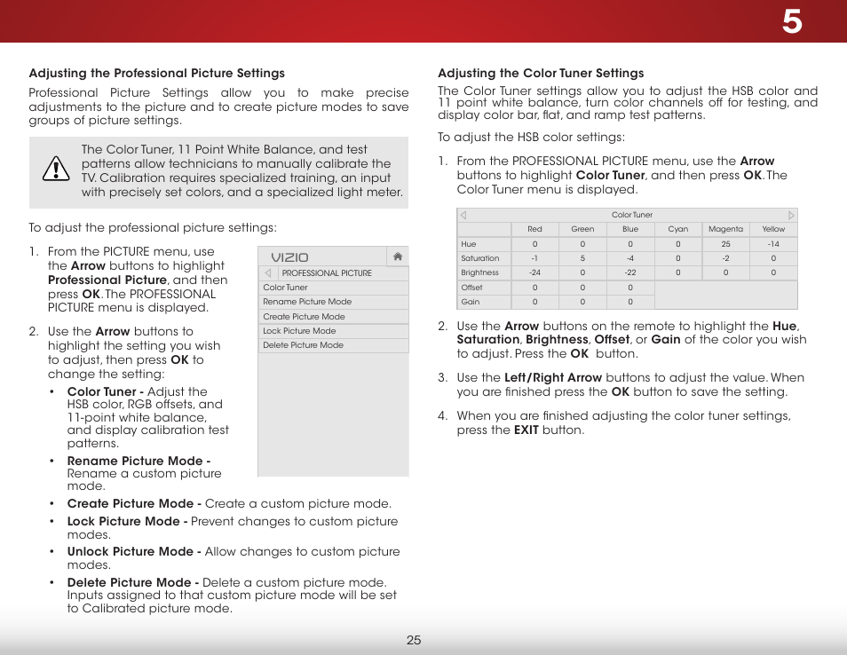 Adjusting the professional picture settings, Adjusting the color tuner settings, Vizio | Vizio D650i-B2 - User Manual User Manual | Page 31 / 79