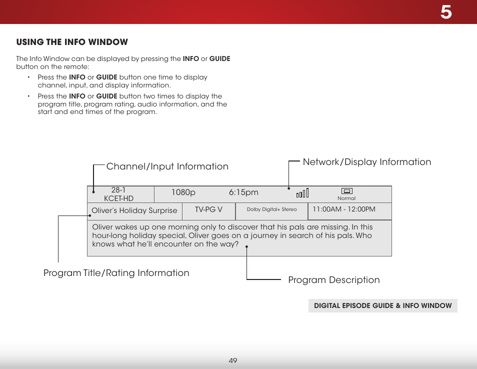 Using the info window | Vizio D650i-B2 - User Manual User Manual | Page 55 / 79