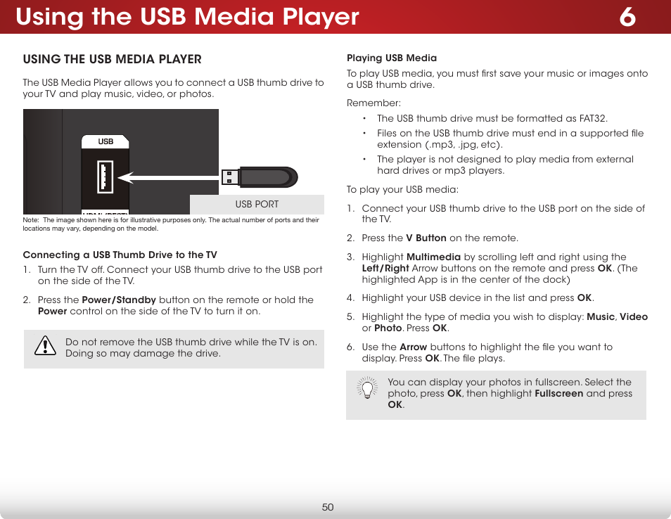 Using the usb media player, Connecting a usb thumb drive to the tv, Playing usb media | Vizio D650i-B2 - User Manual User Manual | Page 56 / 79