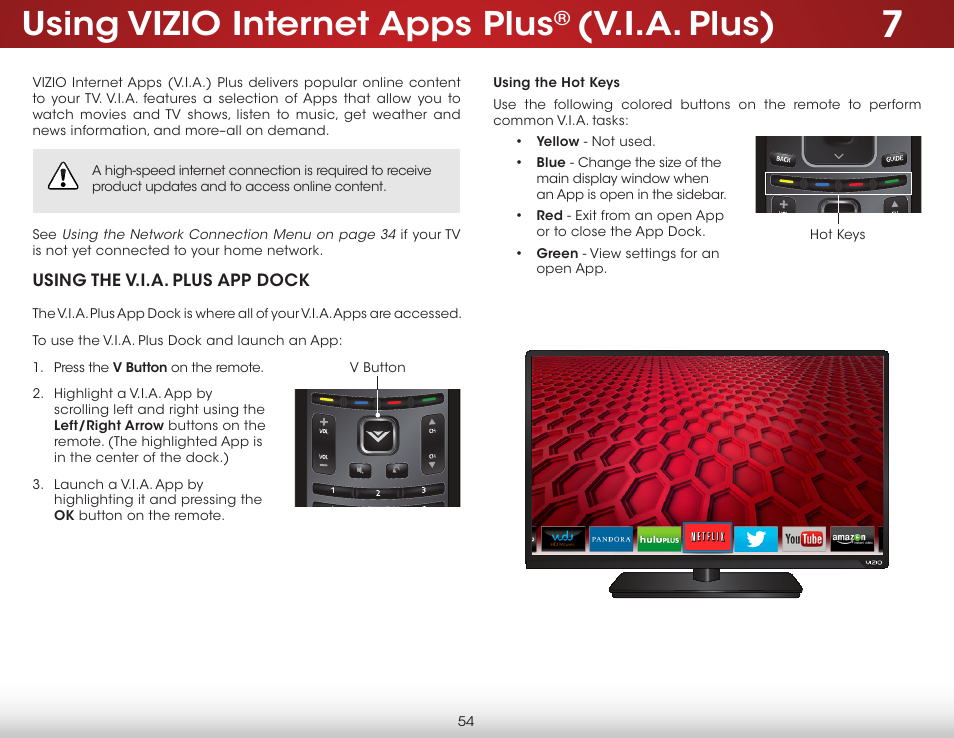 Using vizio internet apps plus® (v.i.a. plus), Using the v.i.a. plus app dock, Using the hot keys | Using vizio internet apps plus, V.i.a. plus) | Vizio D650i-B2 - User Manual User Manual | Page 60 / 79