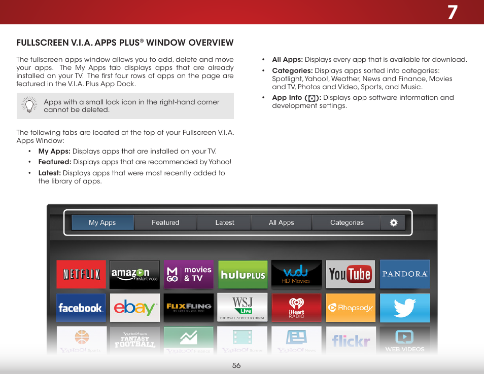 Fullscreen v.i.a. apps plus® window overview, Fullscreen v.i.a. apps plus, Window overview | Vizio D650i-B2 - User Manual User Manual | Page 62 / 79