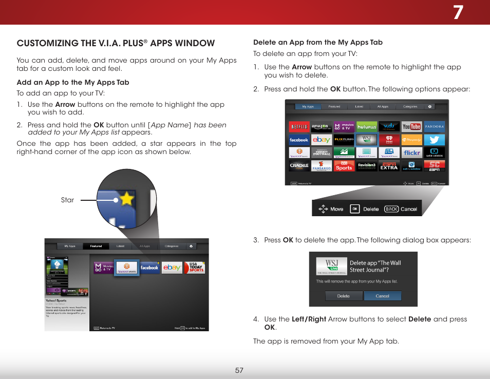 Customizing the v.i.a. plus® apps window, Add an app to the my apps tab, Delete an app from the my apps tab | Customizing the v.i.a. plus, Apps window | Vizio D650i-B2 - User Manual User Manual | Page 63 / 79