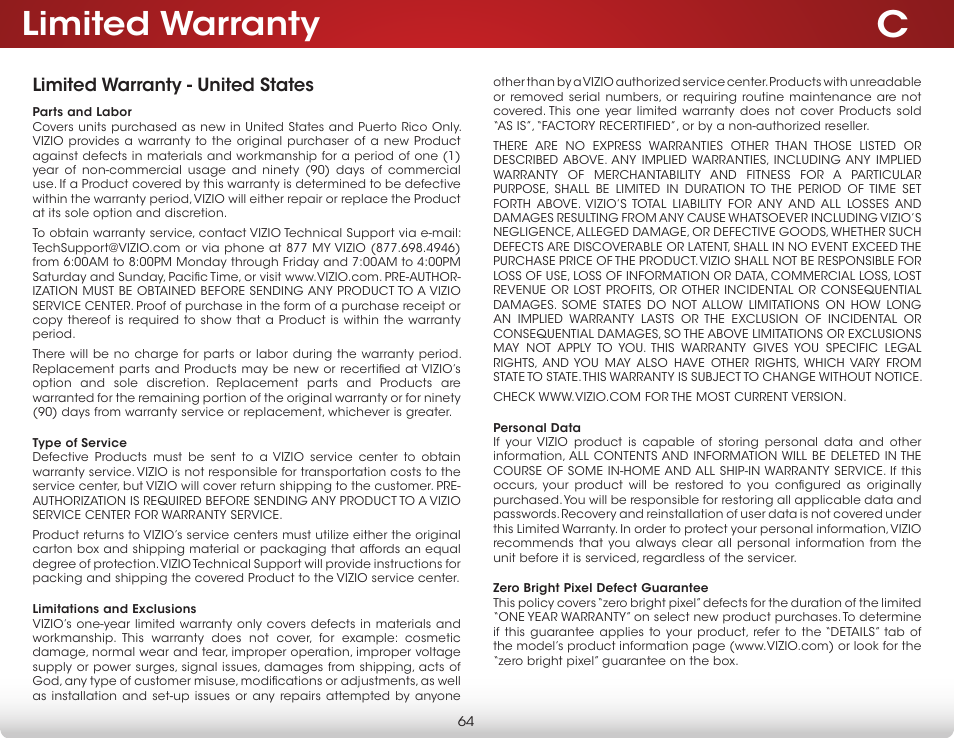 Limited warranty, Limited warranty - united states | Vizio D650i-B2 - User Manual User Manual | Page 70 / 79