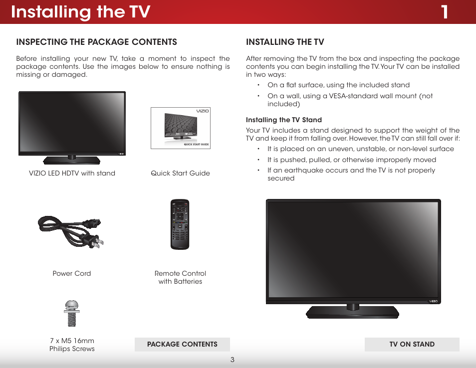 Installing the tv, Inspecting the package contents, Installing the tv stand | Inspecting the package contents installing the tv | Vizio D650i-B2 - User Manual User Manual | Page 9 / 79