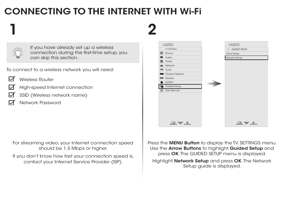 Connecting to the internet with wi-fi | Vizio D650i-B2 - Quickstart Guide User Manual | Page 14 / 24