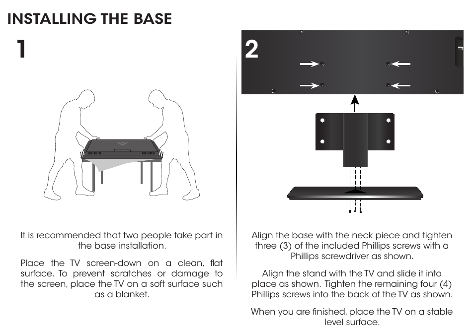 Installing the base | Vizio D650i-B2 - Quickstart Guide User Manual | Page 7 / 24