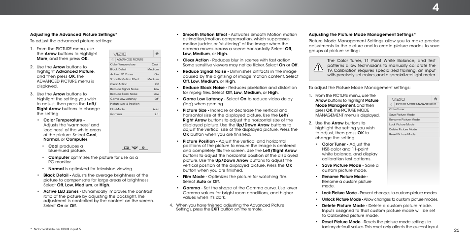 Adjusting the advanced picture settings, Adjusting the picture mode management settings, Vizio | Vizio P502ui-B1/B1E - User Manual User Manual | Page 26 / 69