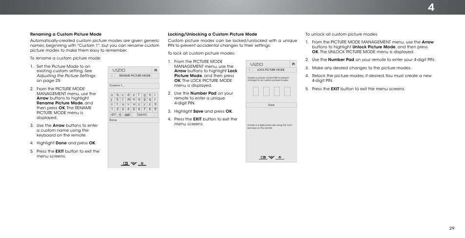 Renaming a custom picture mode, Locking/unlocking a custom picture mode, Vizio | Vizio P502ui-B1/B1E - User Manual User Manual | Page 29 / 69