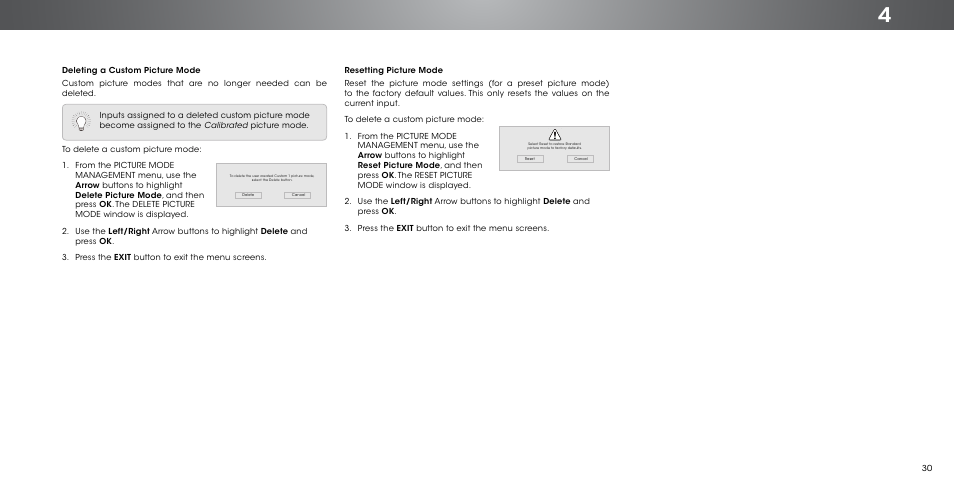 Deleting a custom picture mode, Resetting picture mode | Vizio P502ui-B1/B1E - User Manual User Manual | Page 30 / 69