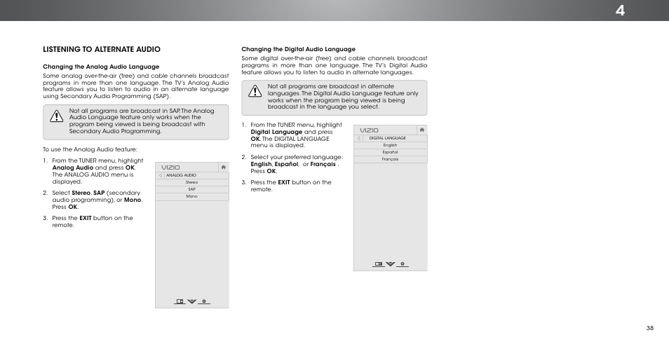 Listening to alternate audio, Changing the analog audio language, Changing the digital audio language | Vizio | Vizio P502ui-B1/B1E - User Manual User Manual | Page 38 / 69