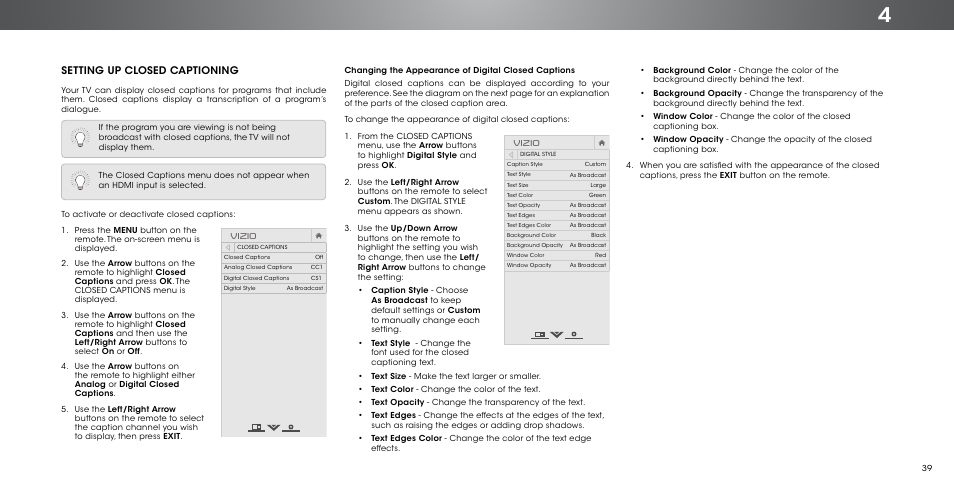 Setting up closed captioning, Changing the appearance of digital closed captions, Vizio | Vizio P502ui-B1/B1E - User Manual User Manual | Page 39 / 69