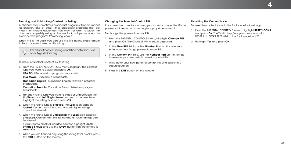 Blocking and unblocking content by rating, Changing the parental control pin, Resetting the content locks | Vizio P502ui-B1/B1E - User Manual User Manual | Page 44 / 69