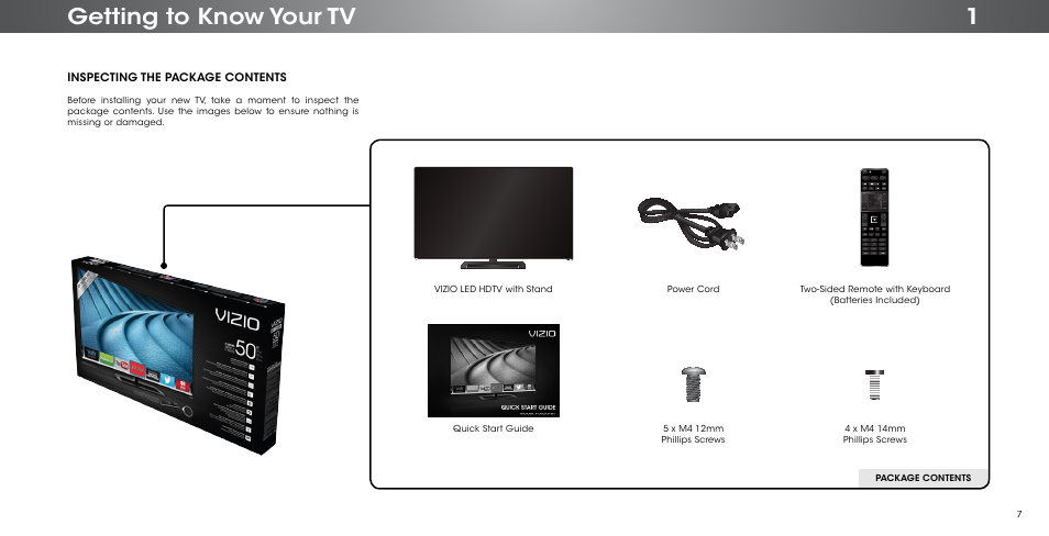 Getting to know your tv, Inspecting the package contents | Vizio P502ui-B1/B1E - User Manual User Manual | Page 7 / 69