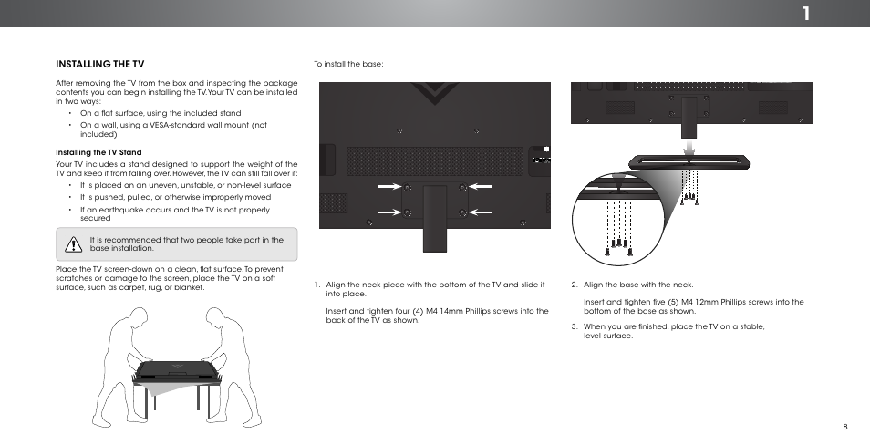 Installing the tv, Installing the tv stand | Vizio P502ui-B1/B1E - User Manual User Manual | Page 8 / 69