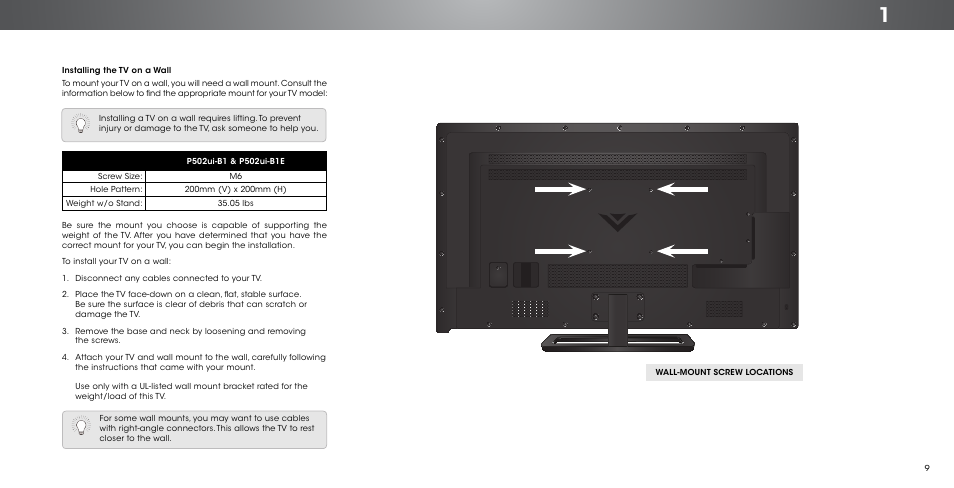 Installing the tv on a wall | Vizio P502ui-B1/B1E - User Manual User Manual | Page 9 / 69