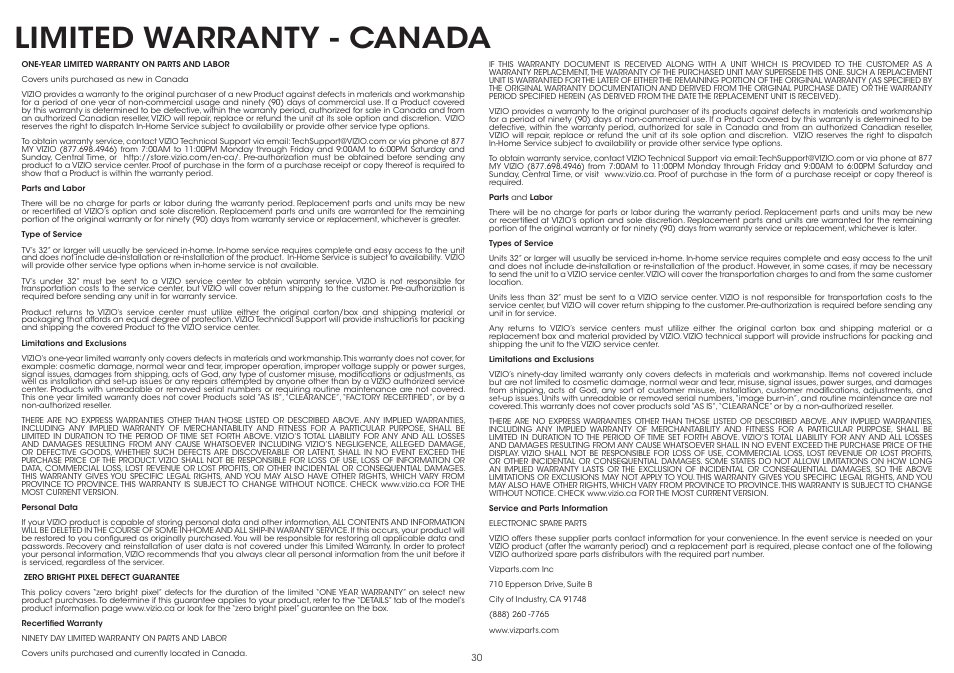Limited warranty - canada | Vizio P502ui-B1 - Quickstart Guide User Manual | Page 30 / 32
