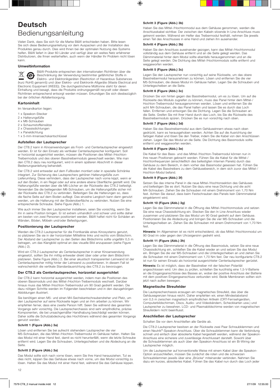 Deutsch bedienungsanleitung | Bowers & Wilkins CT8.2 LCR User Manual | Page 13 / 38