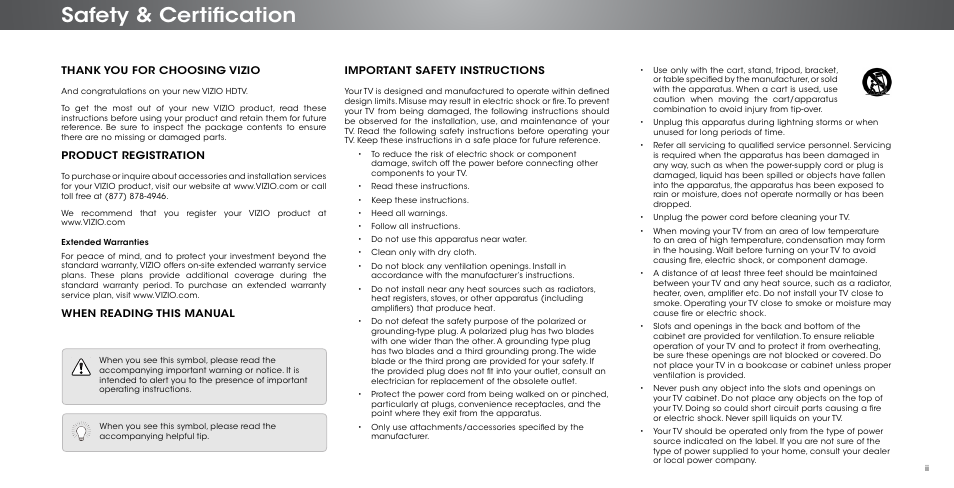 Safety & certification, Product registration, When reading this manual | Important safety instructions | Vizio P552ui-B2 - User Manual User Manual | Page 2 / 69