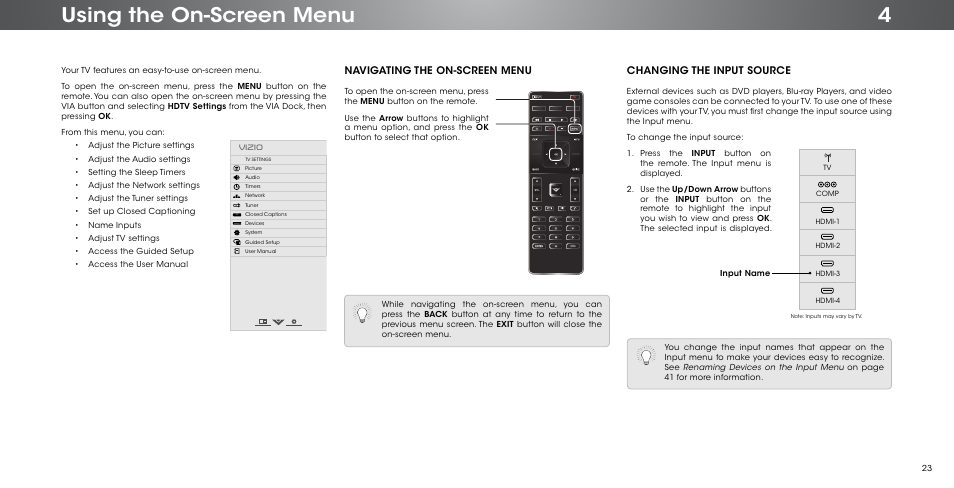 Using the on-screen menu, Changing the input source, Navigating the on-screen menu | Vizio P552ui-B2 - User Manual User Manual | Page 23 / 69