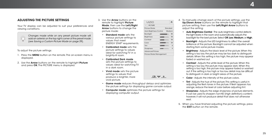 Adjusting the picture settings, Vizio | Vizio P552ui-B2 - User Manual User Manual | Page 25 / 69