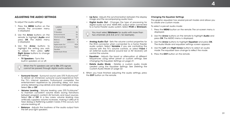 Adjusting the audio settings, Changing the equalizer settings, Vizio | Vizio P552ui-B2 - User Manual User Manual | Page 31 / 69